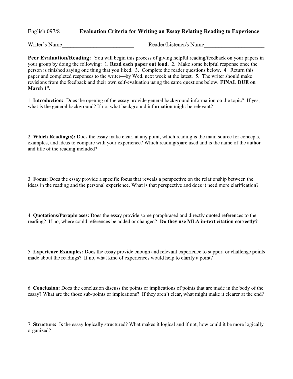English 097/8 Evaluation Criteria for Writing an Essay Relating Reading to Experience