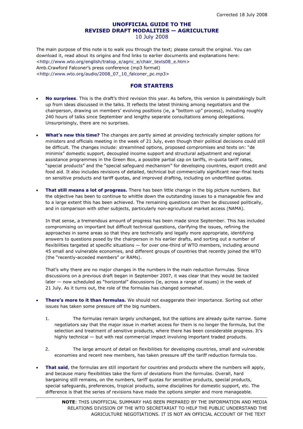 Unofficial Guide to the Revised Draft Modalities Agriculture, 10 July 2008