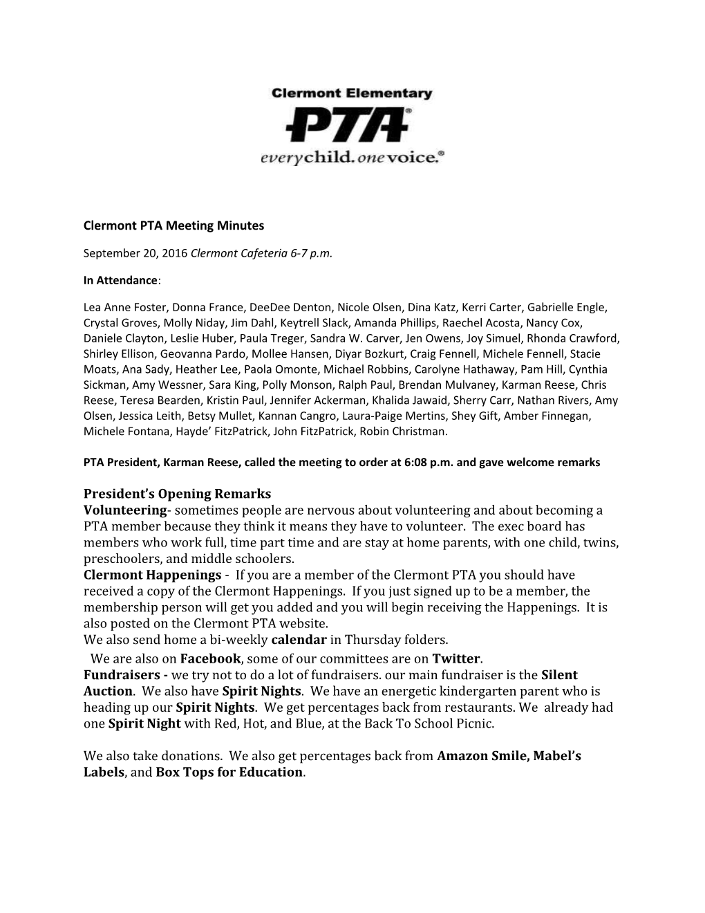 Clermont PTA Meeting Minutes