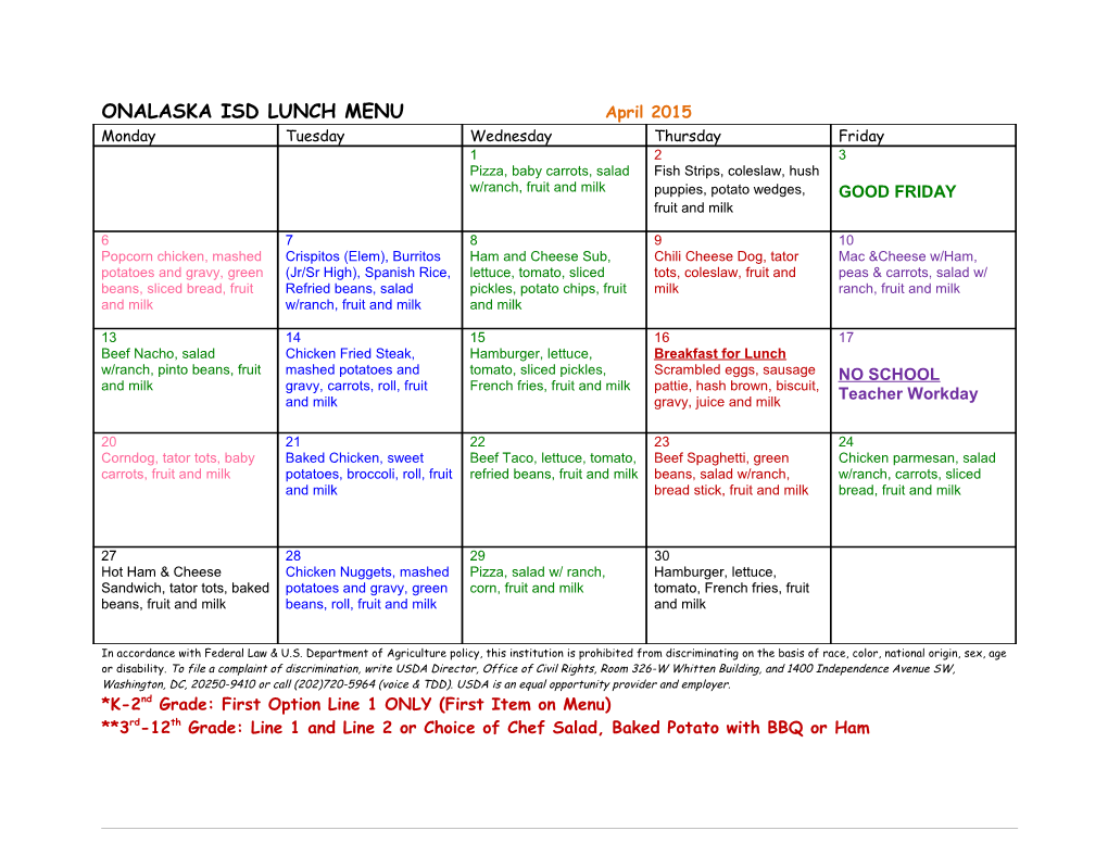 ONALASKA ISD LUNCH MENU April 2015