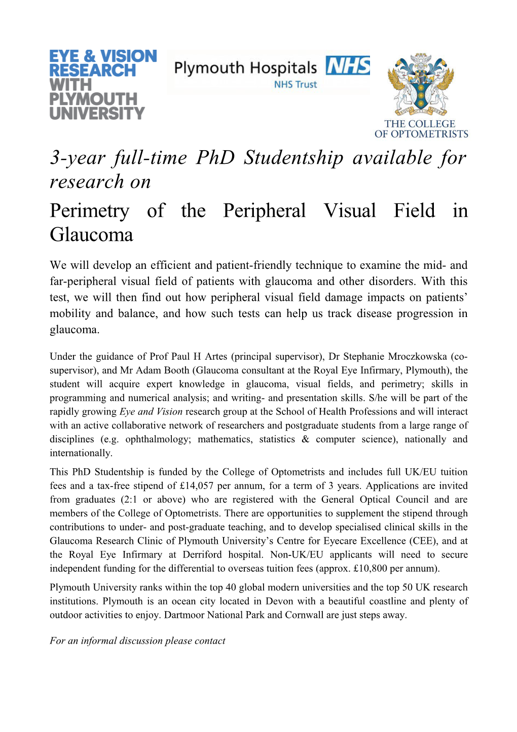 3-Year Full-Time Phd Studentship Available for Research On