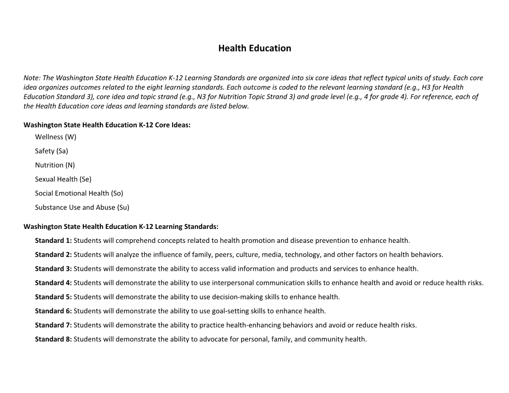 Health Education Core Idea: Wellness (W)