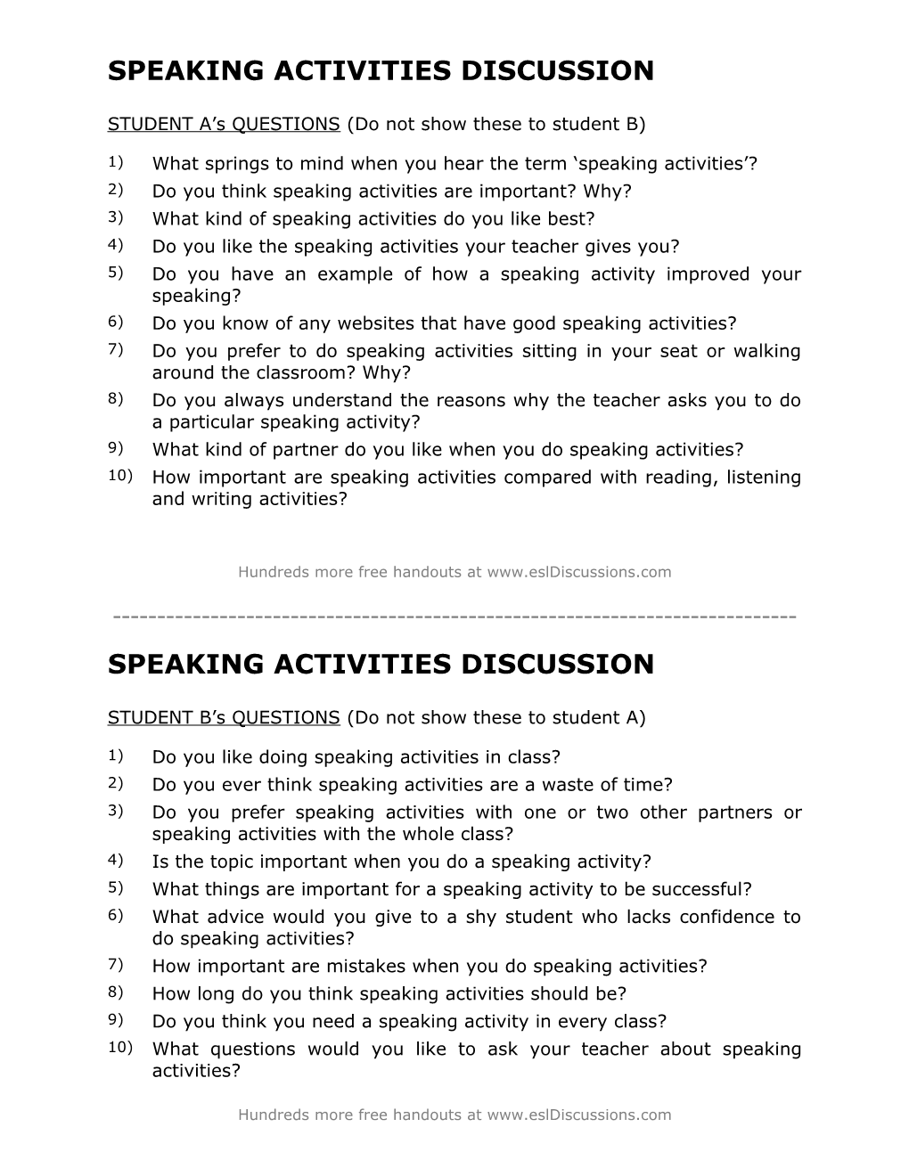 ESL Conversation Lesson on Speaking Activities