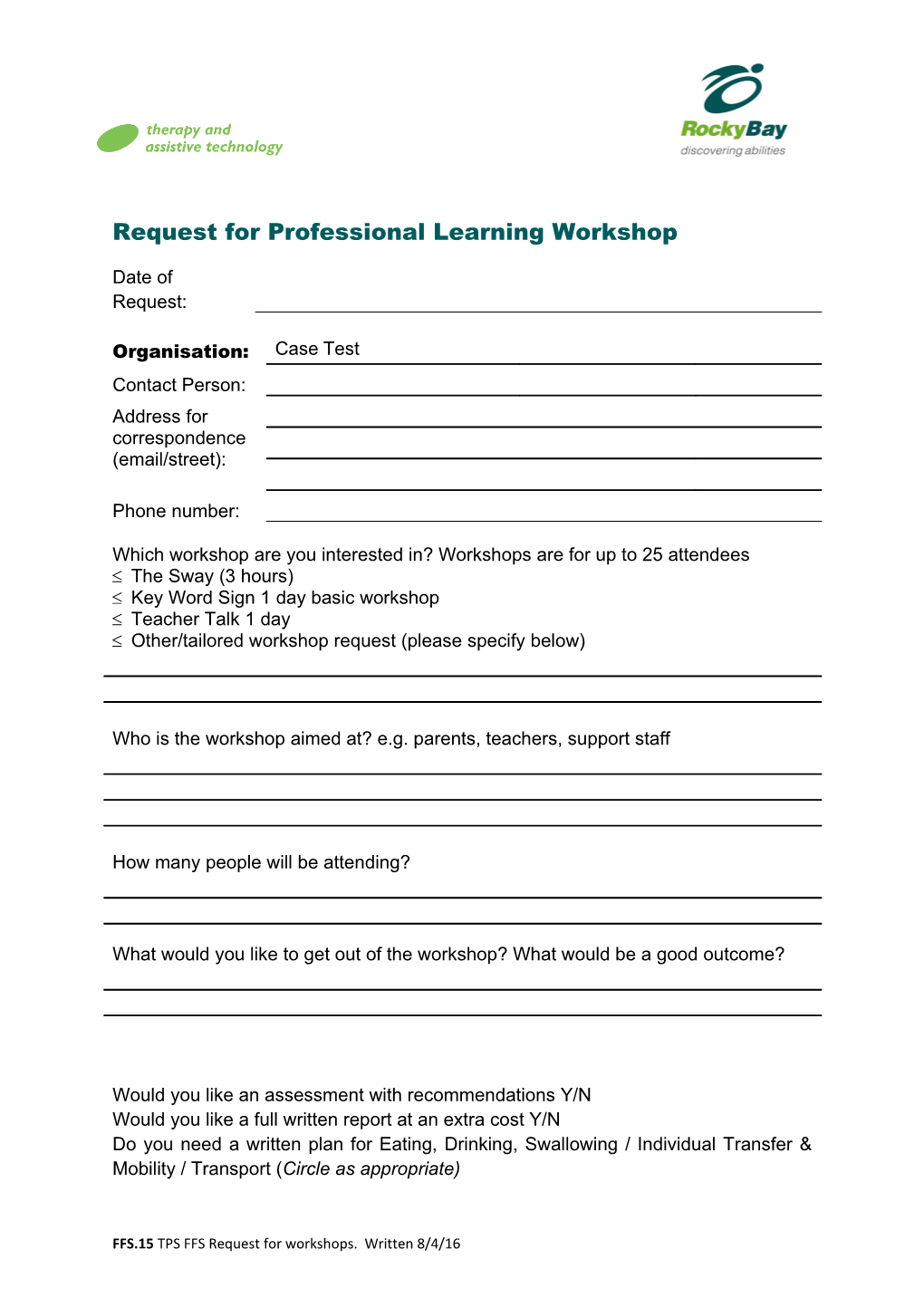 Request for Professional Learning Workshop