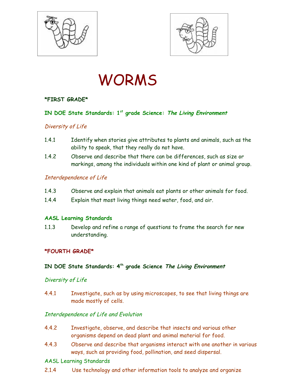 IN DOE State Standards: 1St Grade Science: the Living Environment