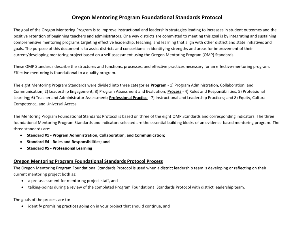 Oregon Mentoring Program Foundational Standards Protocol