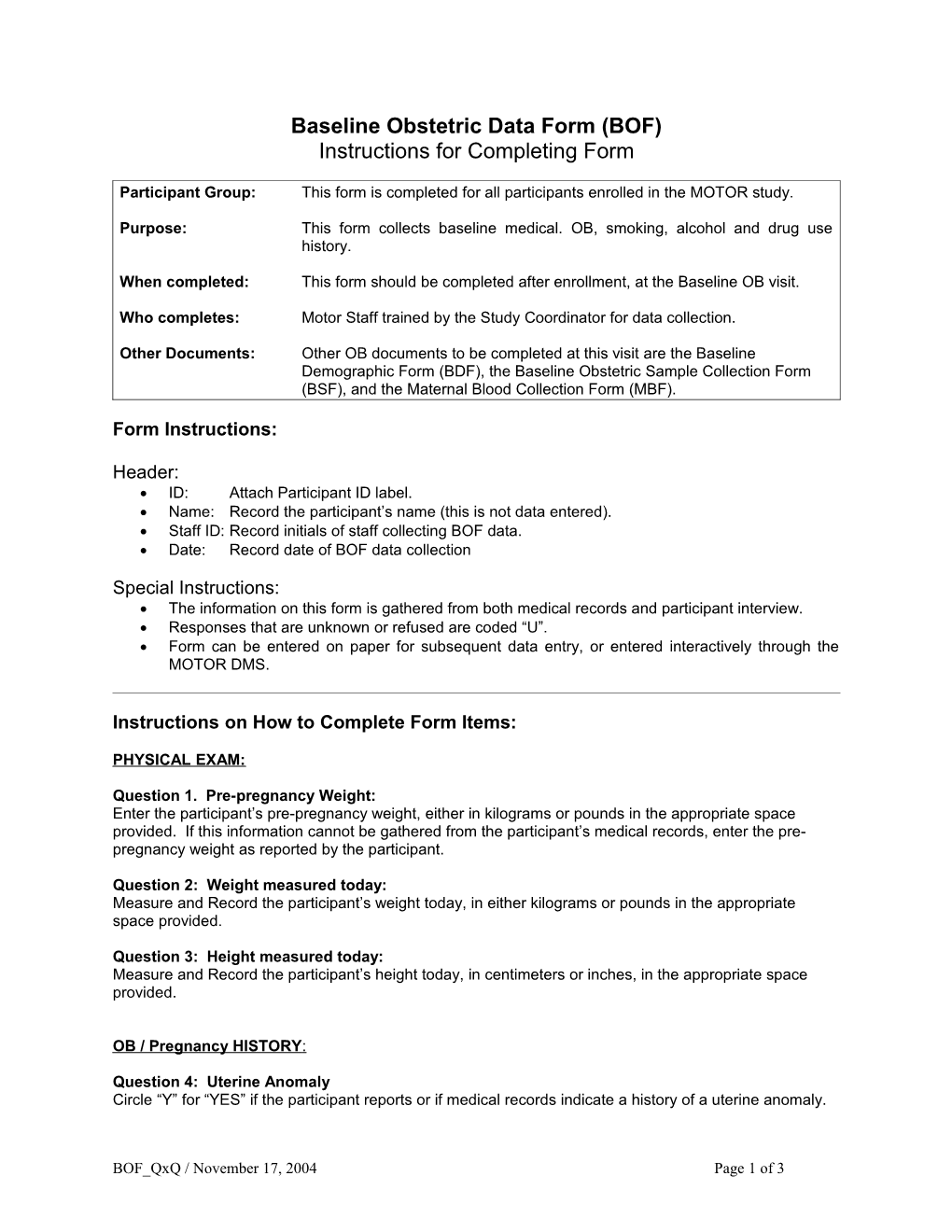 Baseline Obstetric Data Form (BOF)