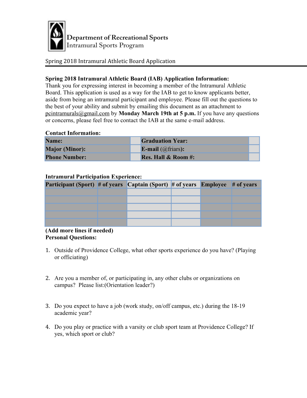 Spring 2018 Intramural Athletic Board (IAB) Application Information