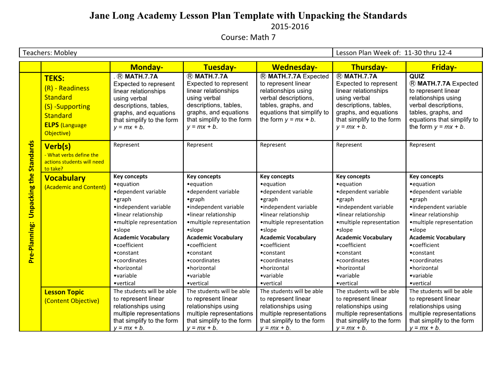 Jane Long Academy Lesson Plan Template with Unpacking the Standards