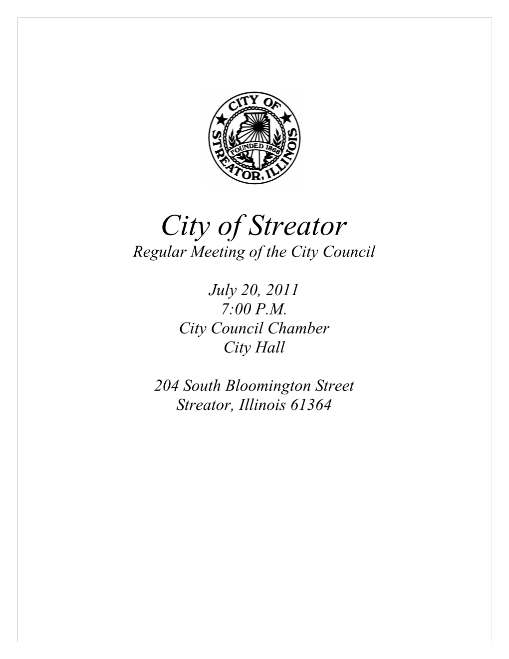 City of Streator Regular Meeting of the City Council