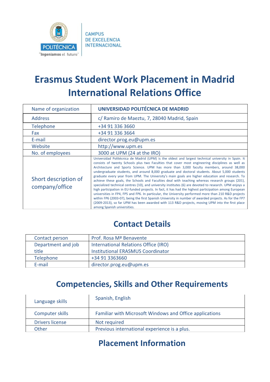 Erasmus Student Work Placement in Madrid International Relations Office