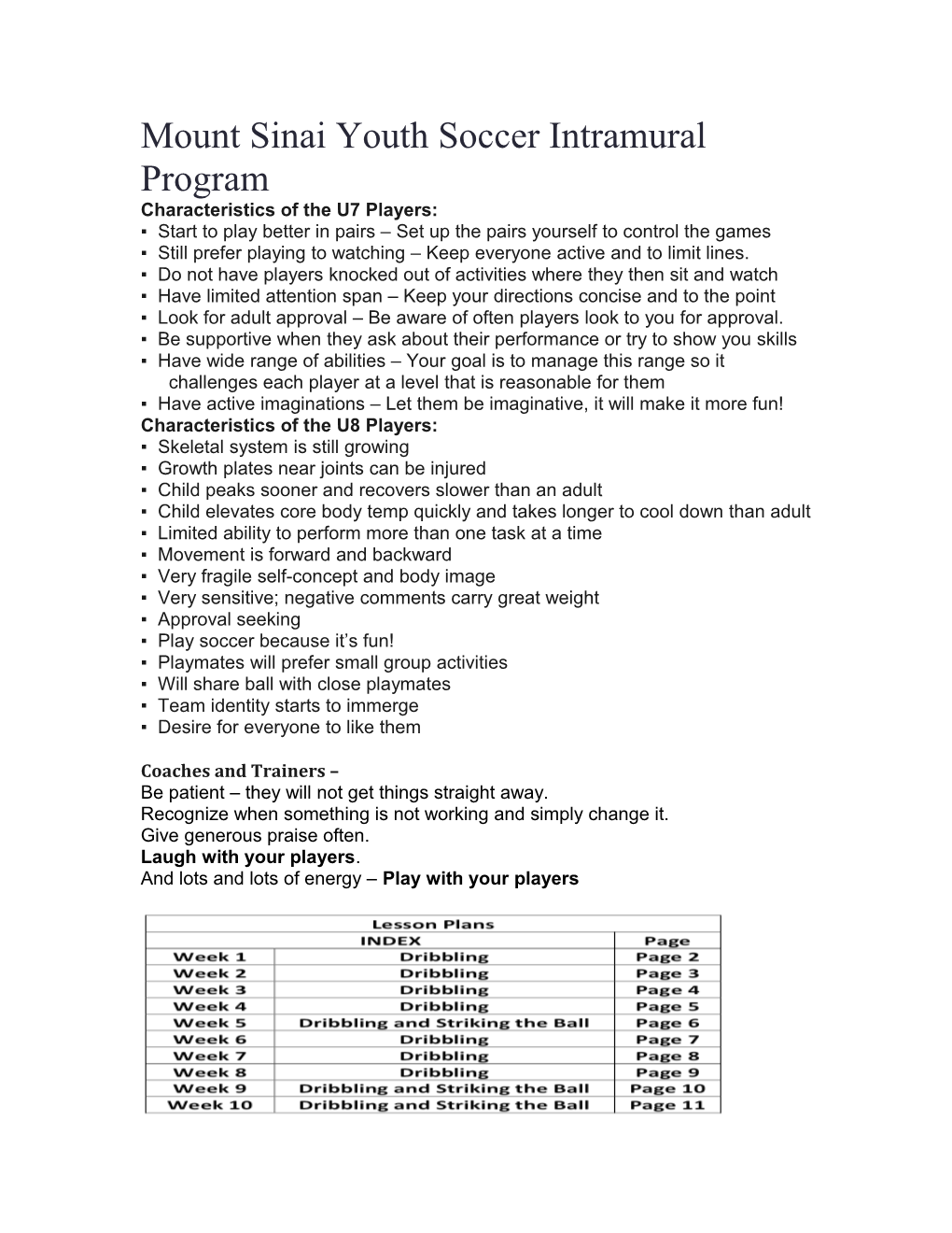 Mount Sinai Youth Soccer Intramural Program