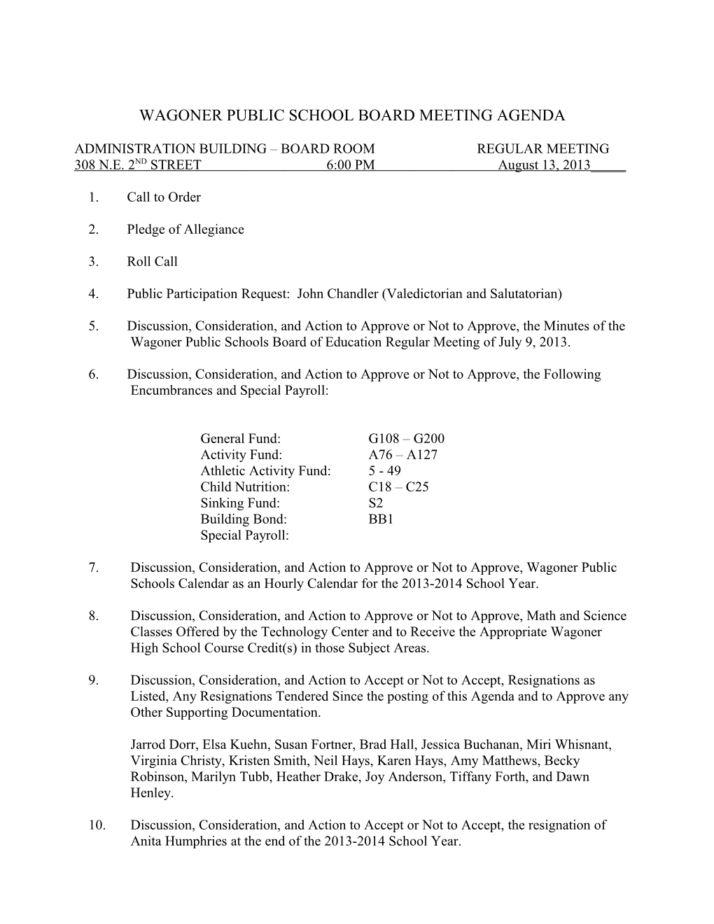 Wagoner Public School Board Meeting Agenda