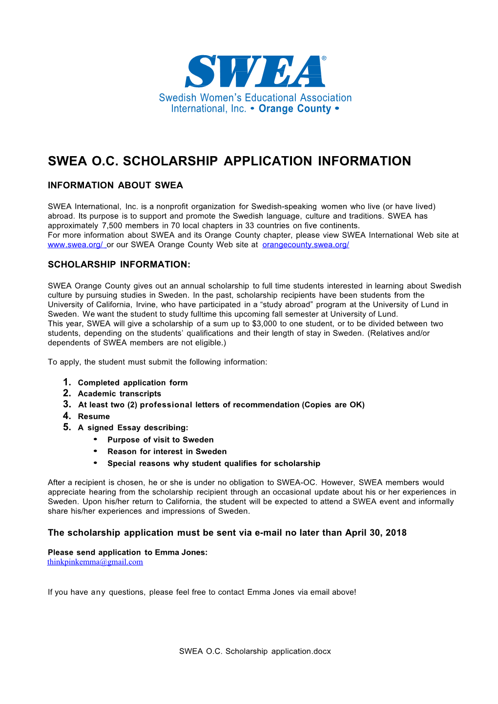 Swea O.C. Scholarship Application Information