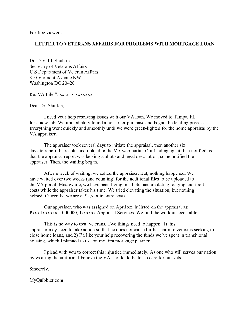 Letter to Veterans Affairs for Problems with Mortgage Loan