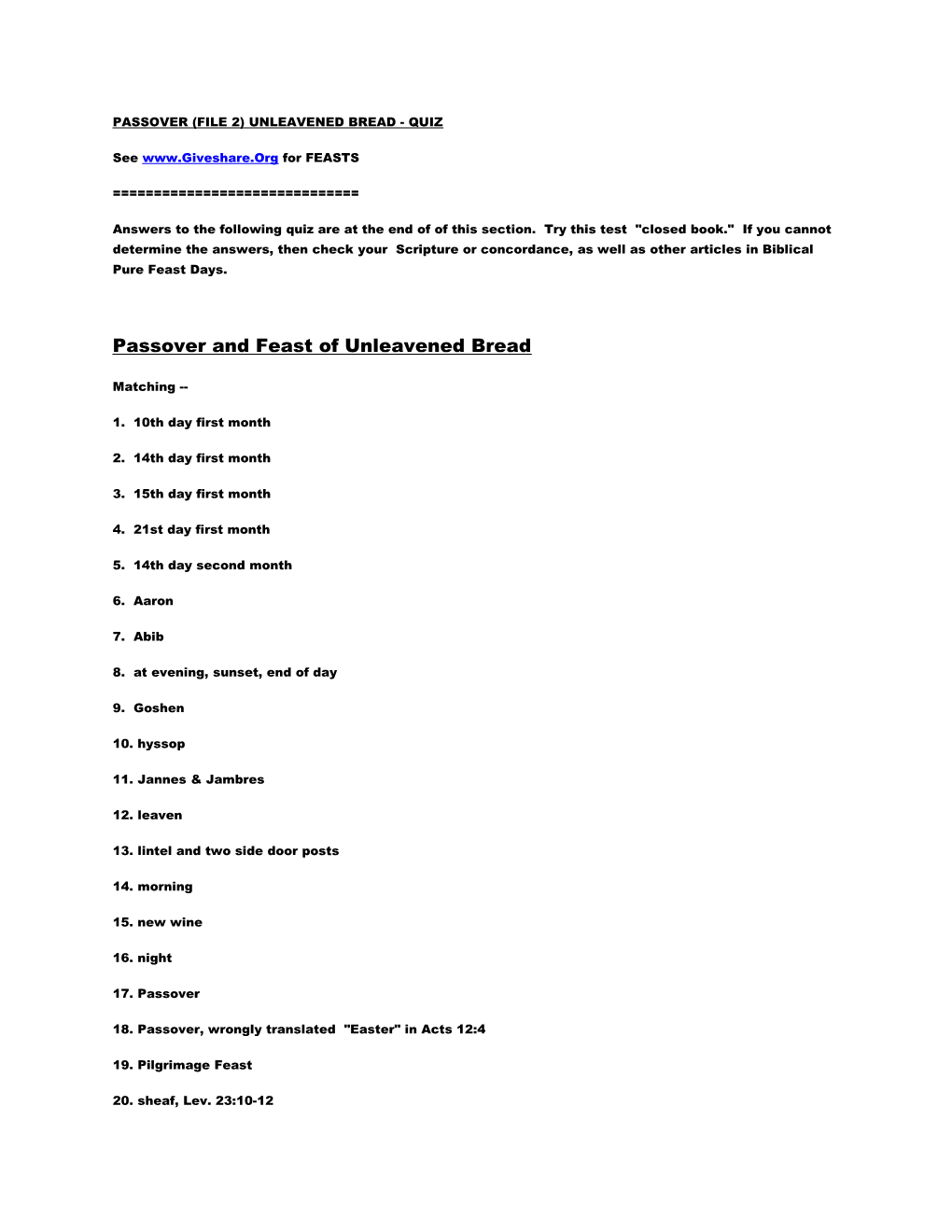 Passover (File 2) Unleavened Bread - Quiz