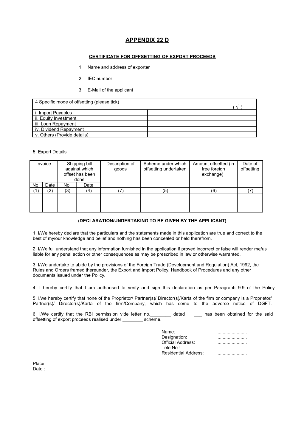 Certificate for Offsetting of Export Proceeds