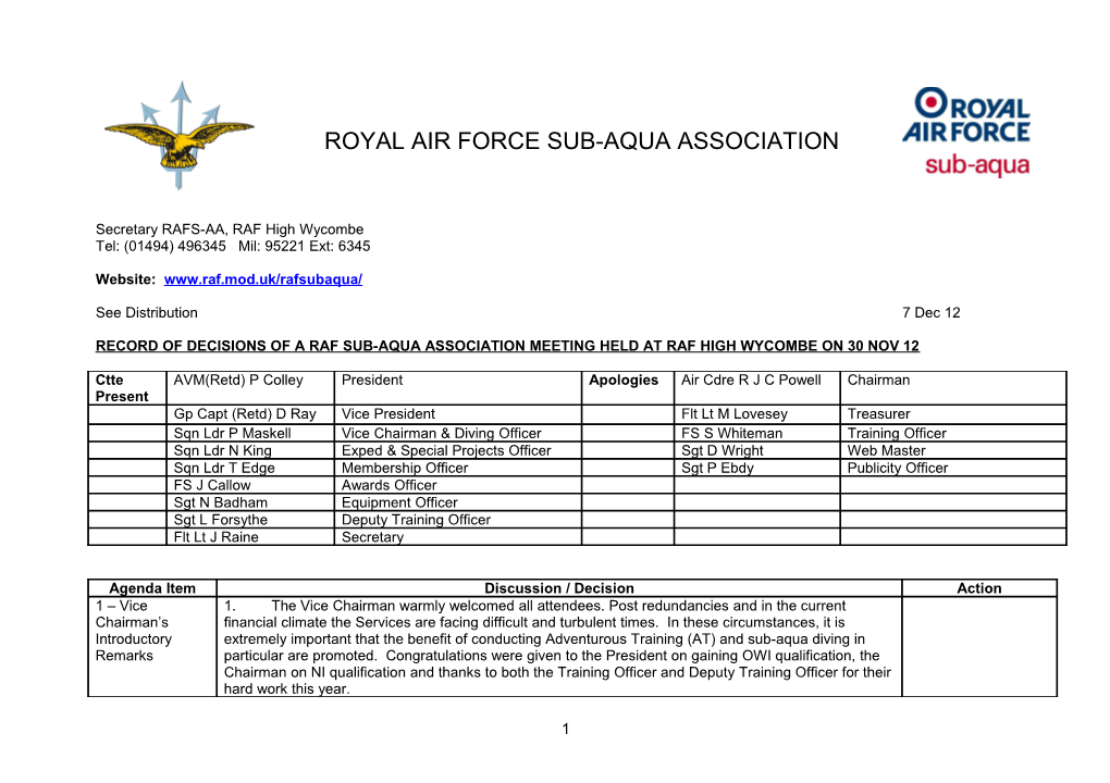 Record of Decisions of a Raf Sub-Aqua Association Committee Meeting Held at Raf Waddington