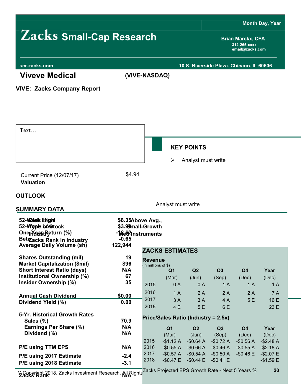 Viveve Medical / (VIVE-NASDAQ) Current Price (12/07/17) / $4.94 Valuation OUTLOOK