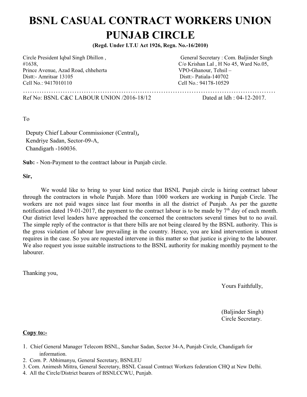 BSNL CASUAL CONTRACT WORKERS UNION PUNJAB CIRCLE (Regd. Under I.T.U Act 1926, Regn