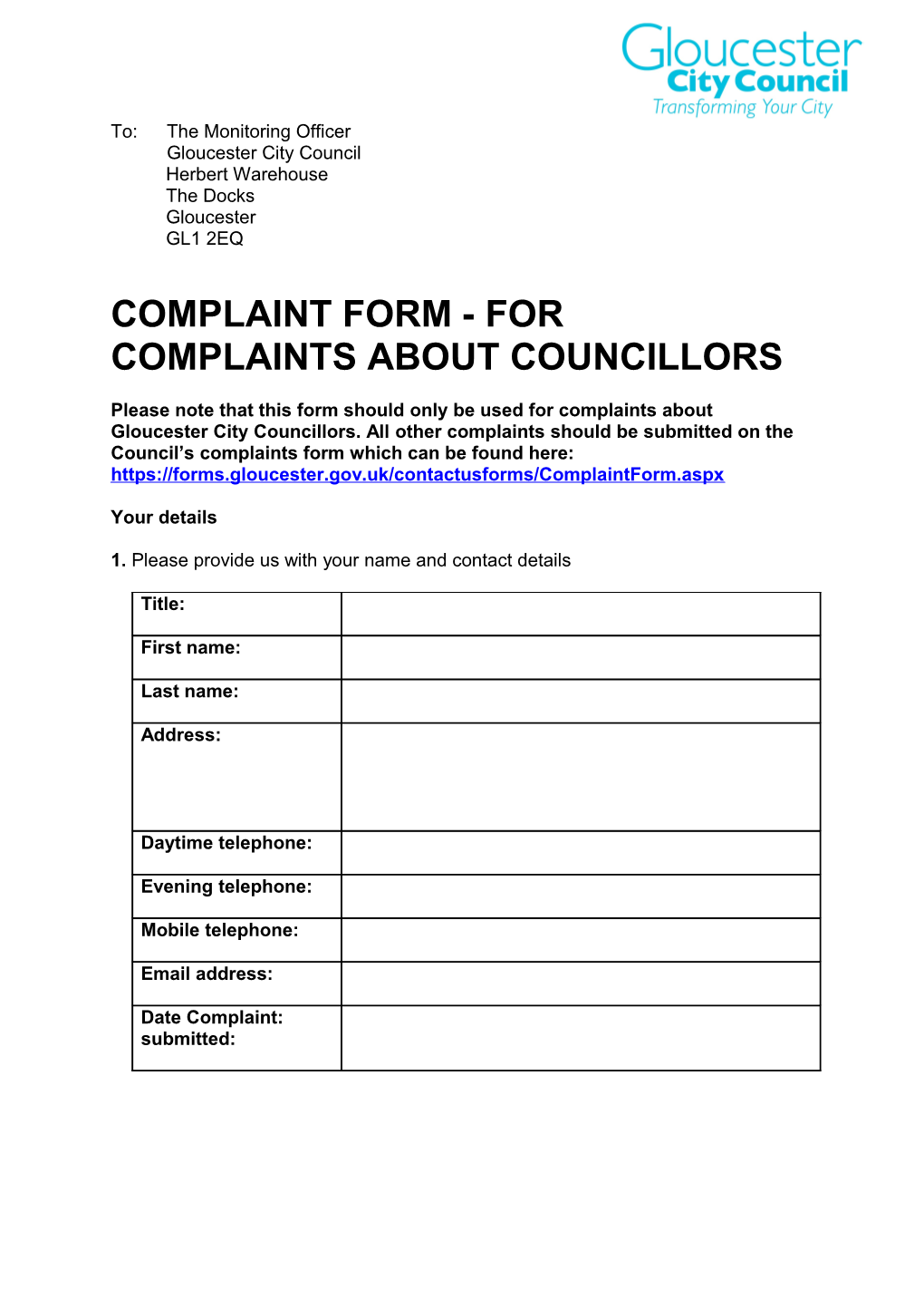 Complaint Form- for Complaints About Councillors