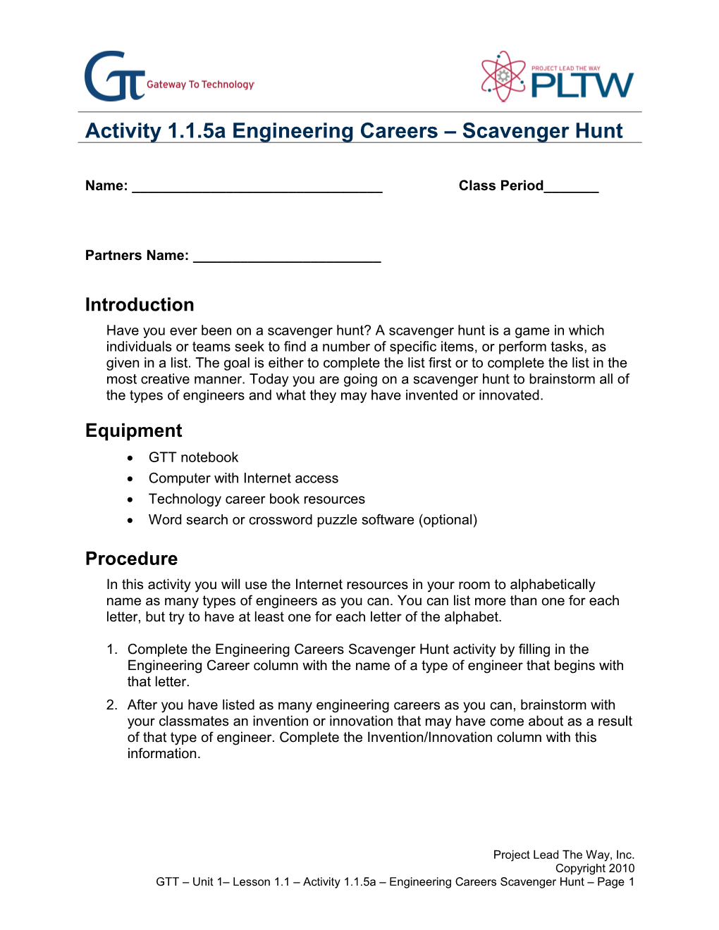 Activity 1.1.5A Engineering Careers - Scavenger Hunt