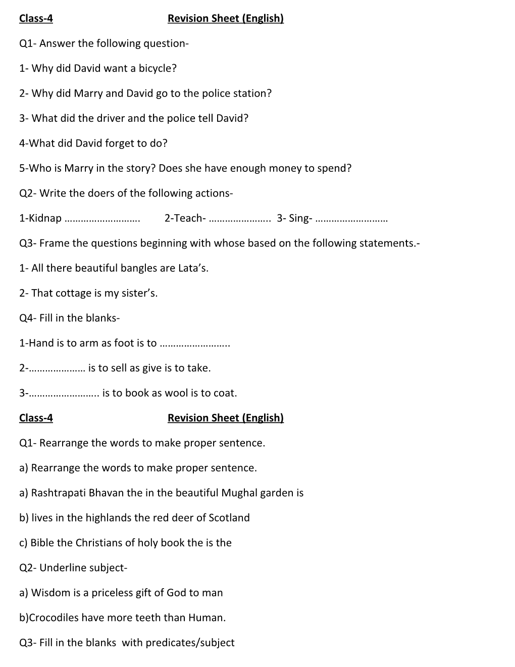 Class-4 Revision Sheet (English)