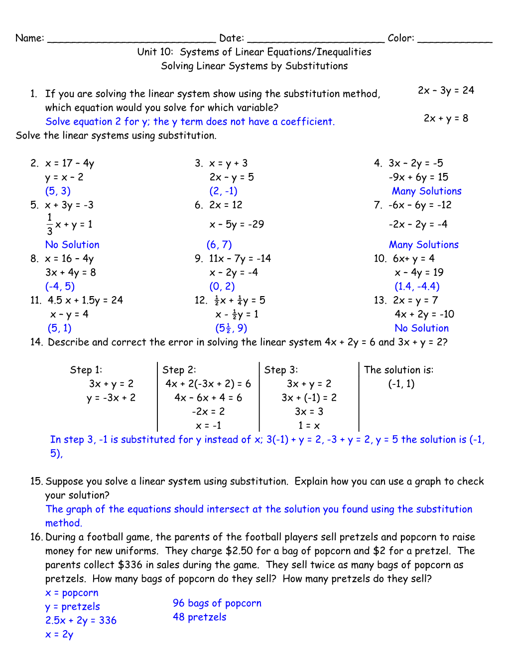 Unit 10: Systems of Linear Equations/Inequalities