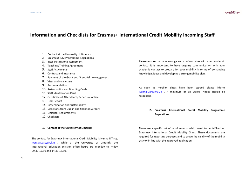 Information and Checklists for Erasmus+ International Credit Mobility Incoming Staff