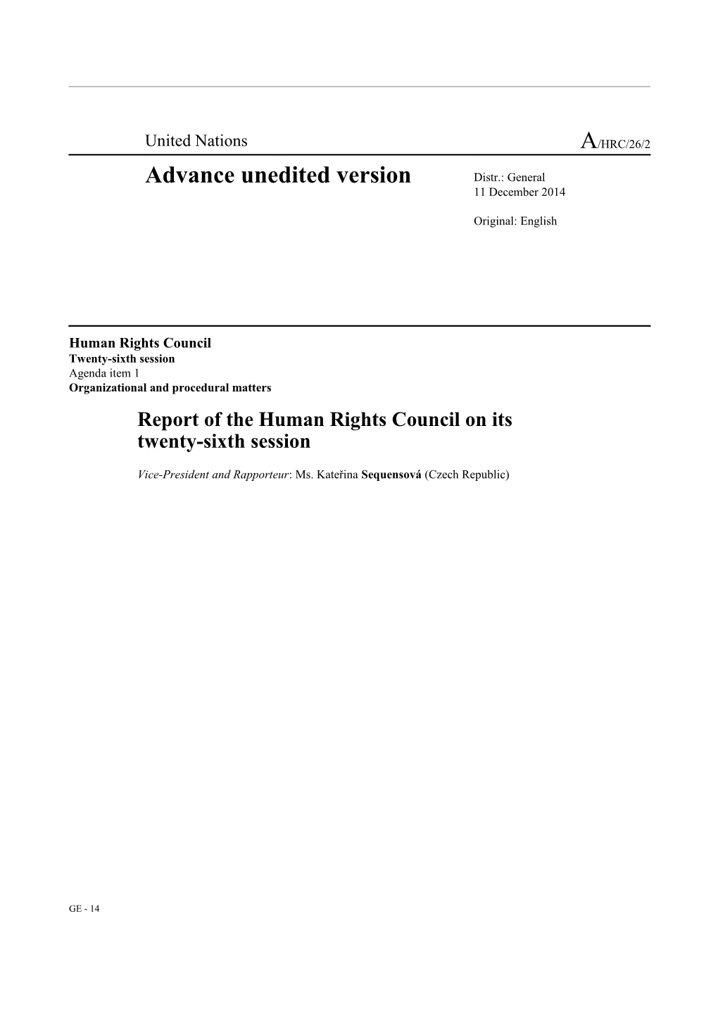 Report Of The Human Rights Council At Its 26Th Session In English