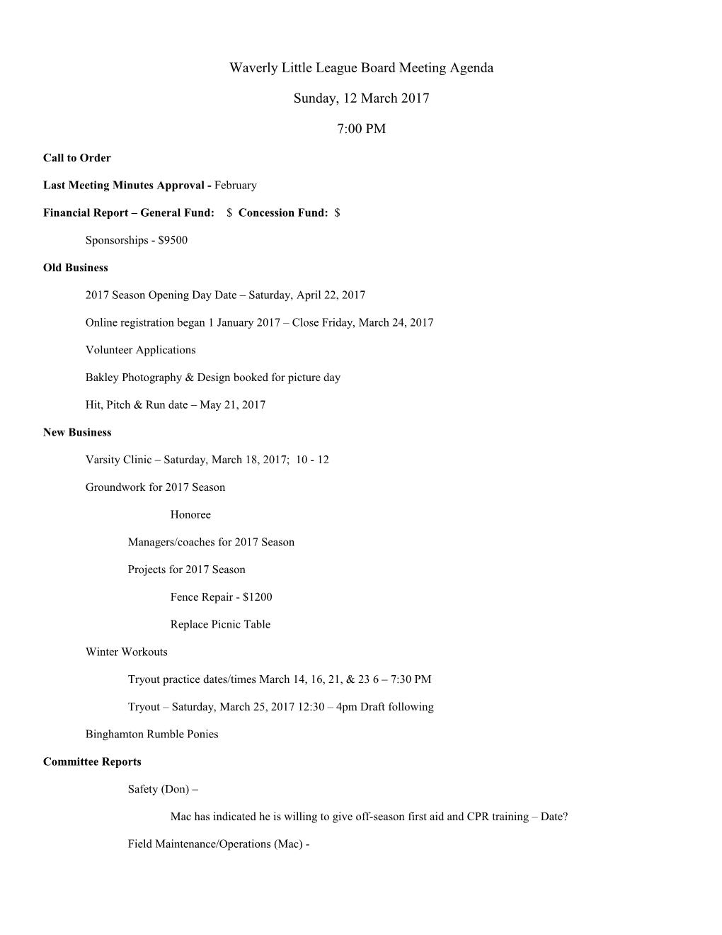 Waverly Little League Board Meeting Agenda