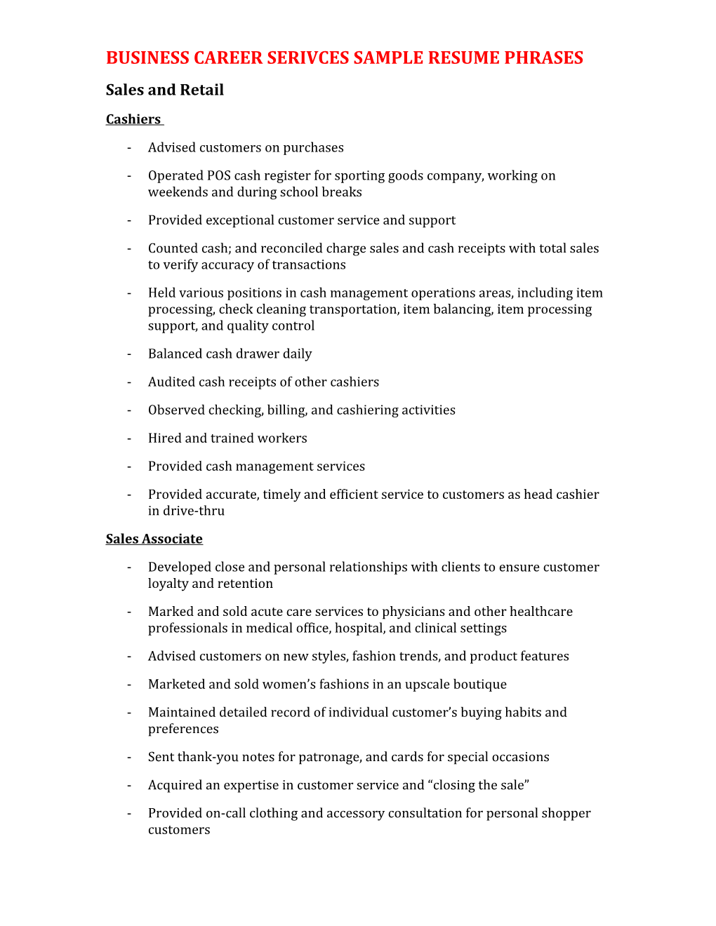 Business Career Serivces Sample Resume Phrases