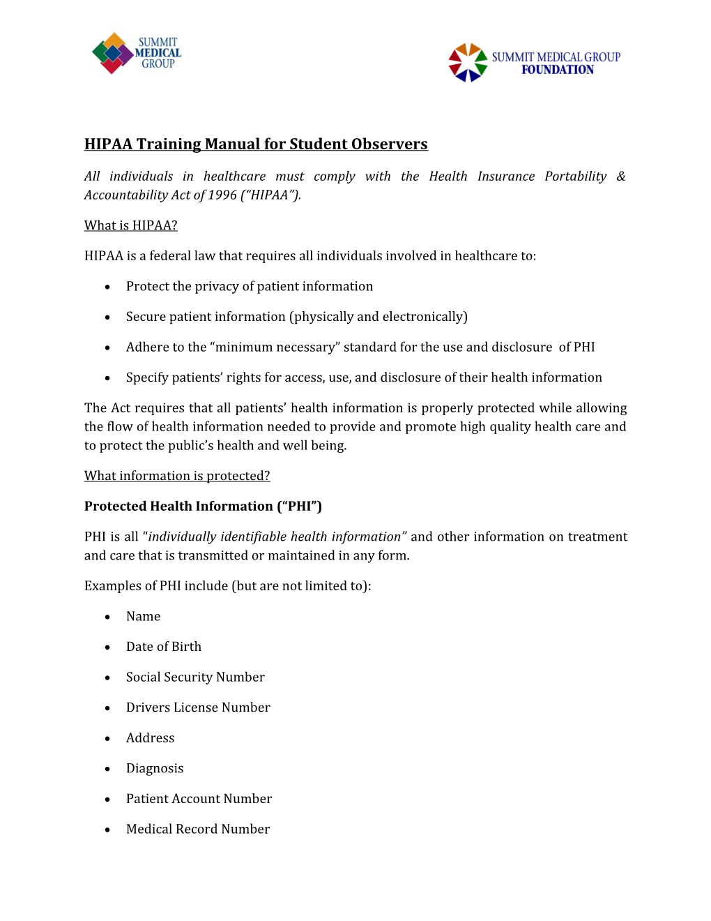 HIPAA Training Manual for Student Observers