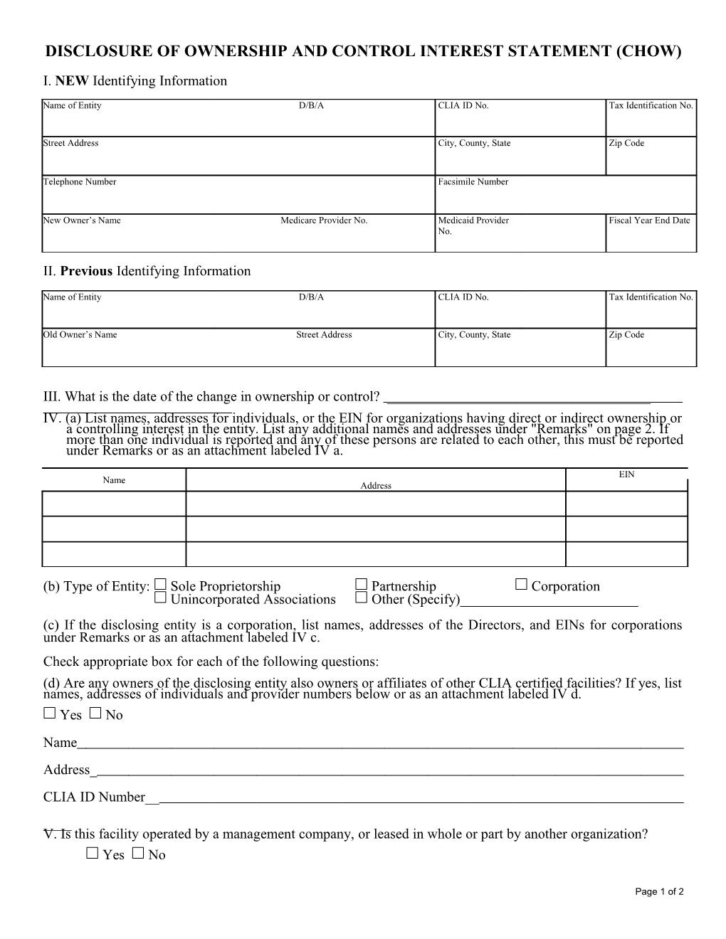 Disclosure of Ownership and Control Interest Statement