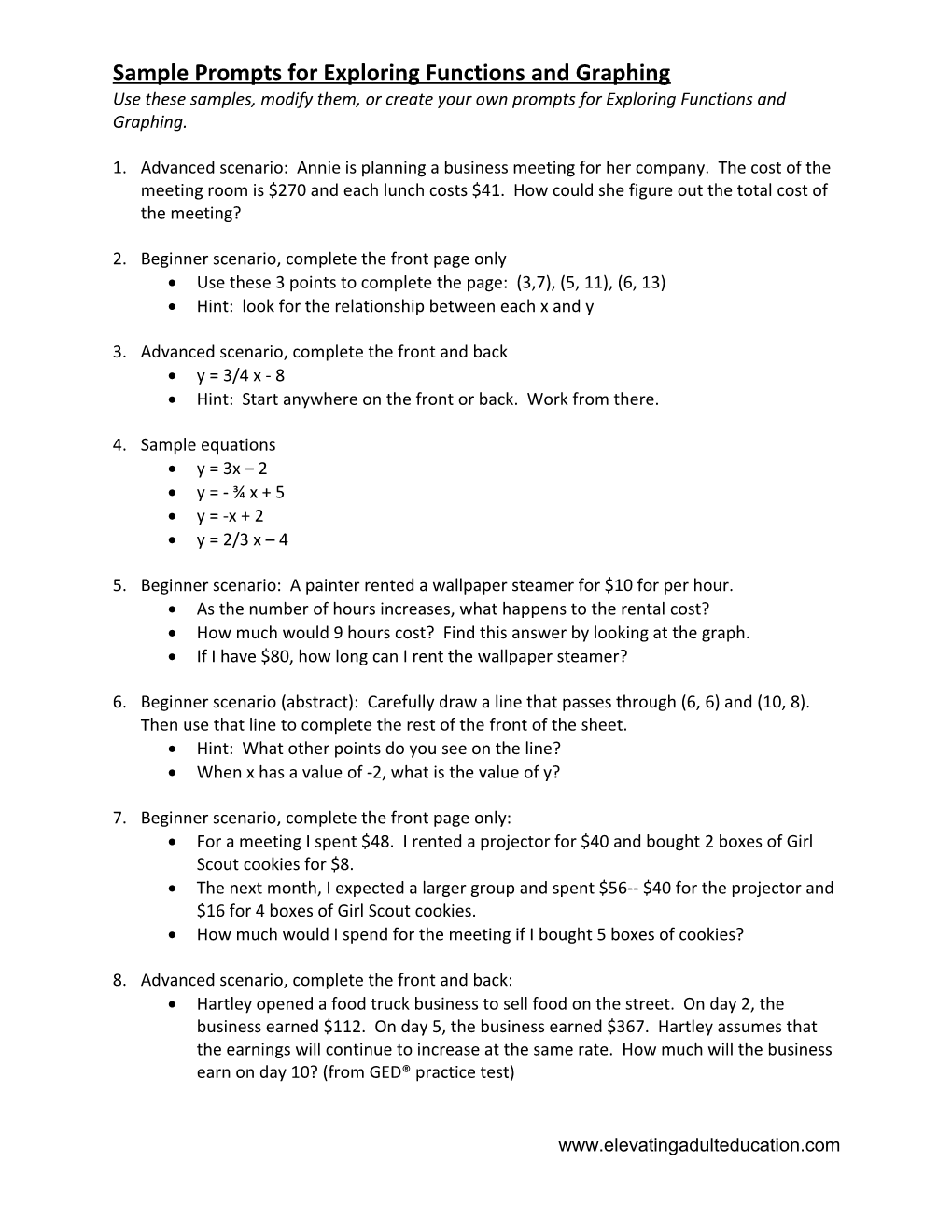 Sample Prompts for Exploring Functions and Graphing