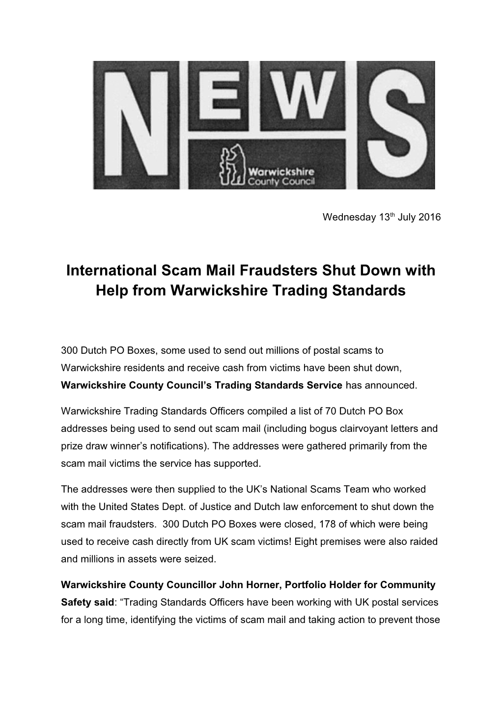 International Scam Mail Fraudsters Shut Down with Help from Warwickshire Trading Standards