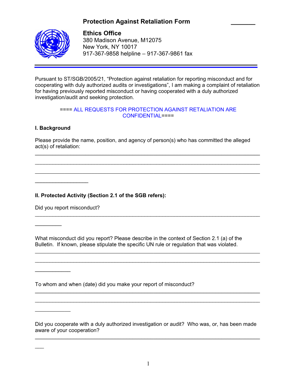 Ethics Office Form for ST/SGB/2005/21 Complaints