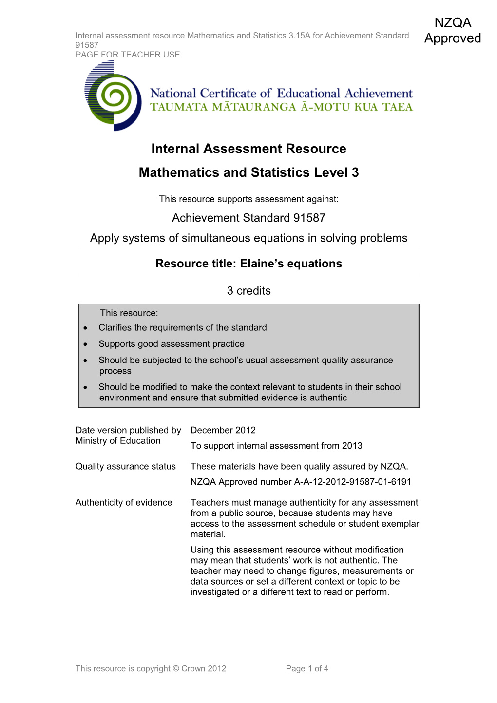Level 3 Mathematics and Statistics Internal Assessment Resource