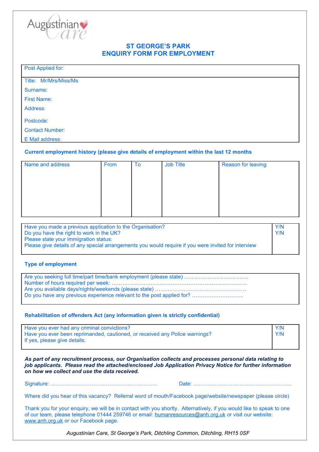 Enquiry Form for Employment