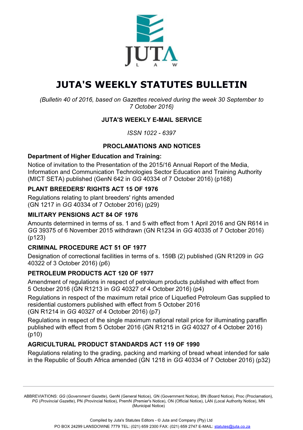 Juta's Weekly Statutes Bulletin