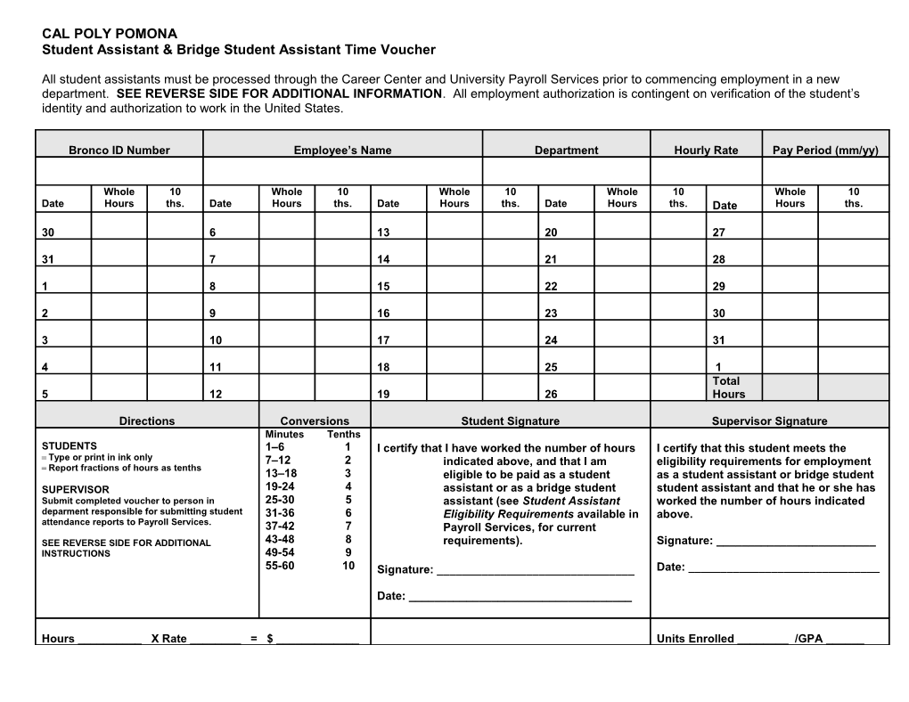 Student Assistant & Bridge Student Assistant Time Voucher