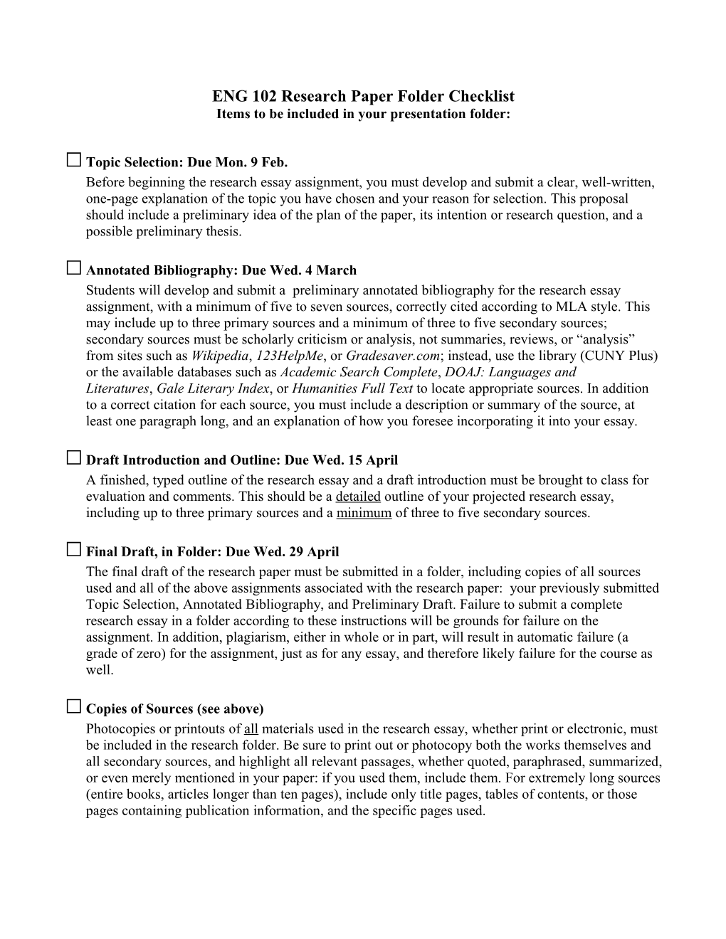 ENG 102 Research Paper Folder Checklist Items to Be Included in Your Presentation Folder