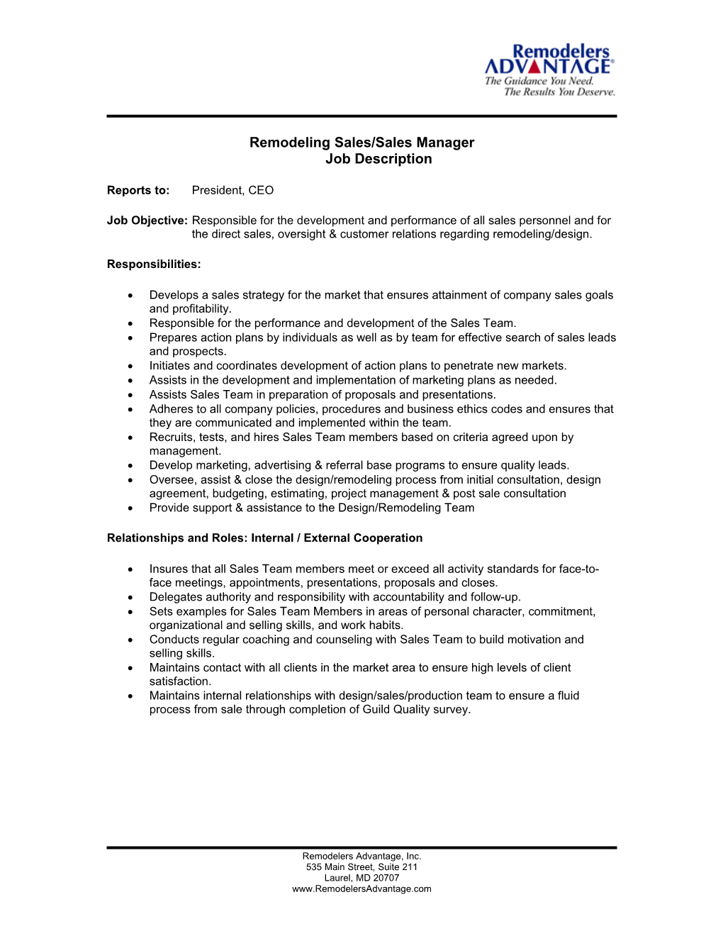 Remodeling Sales/Sales Manager Job Description