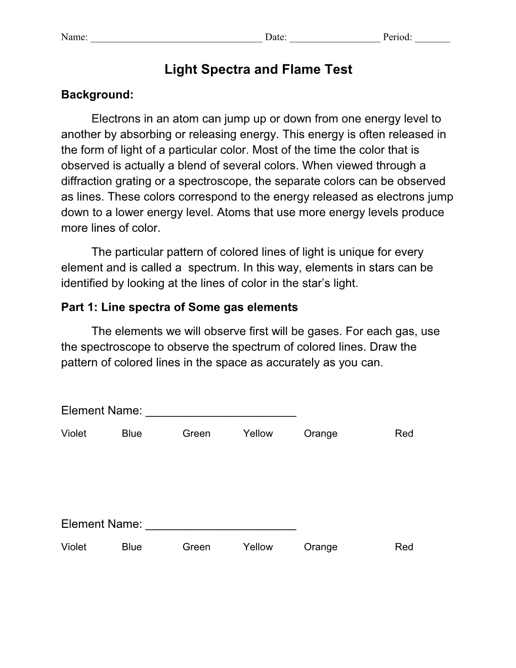 Light Spectra and Flame Test