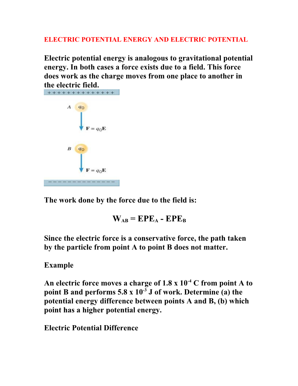 Electric Potential Energy and Electric Potential