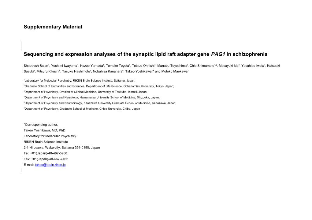 Sequencing and Expression Analyses of the Synaptic Lipid Raft Adapter Gene PAG1 In