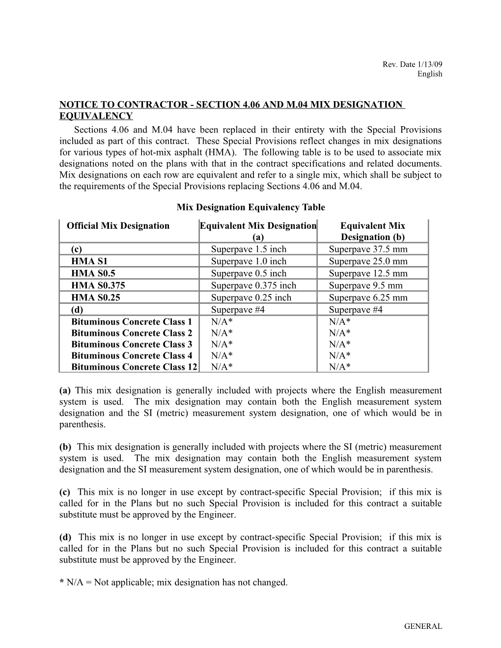 NOTICE to CONTRACTOR - Section 4.06 and M.04 MIX DESIGNATION EQUIVALENCY