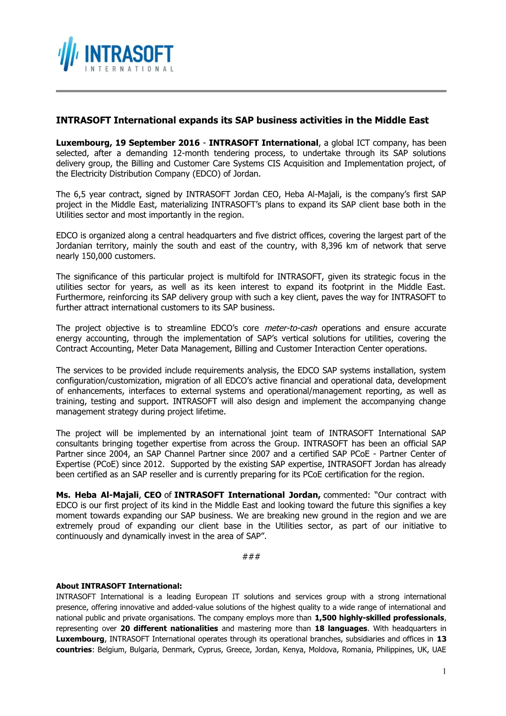 INTRASOFT International Expands Its SAP Business Activities in the Middle East