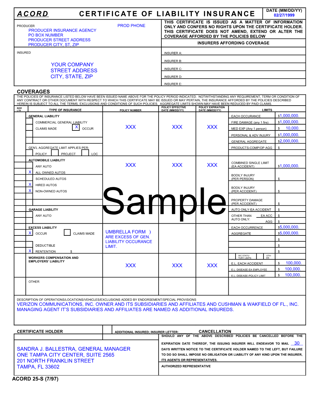 Acord Certificate of Liability Insurance