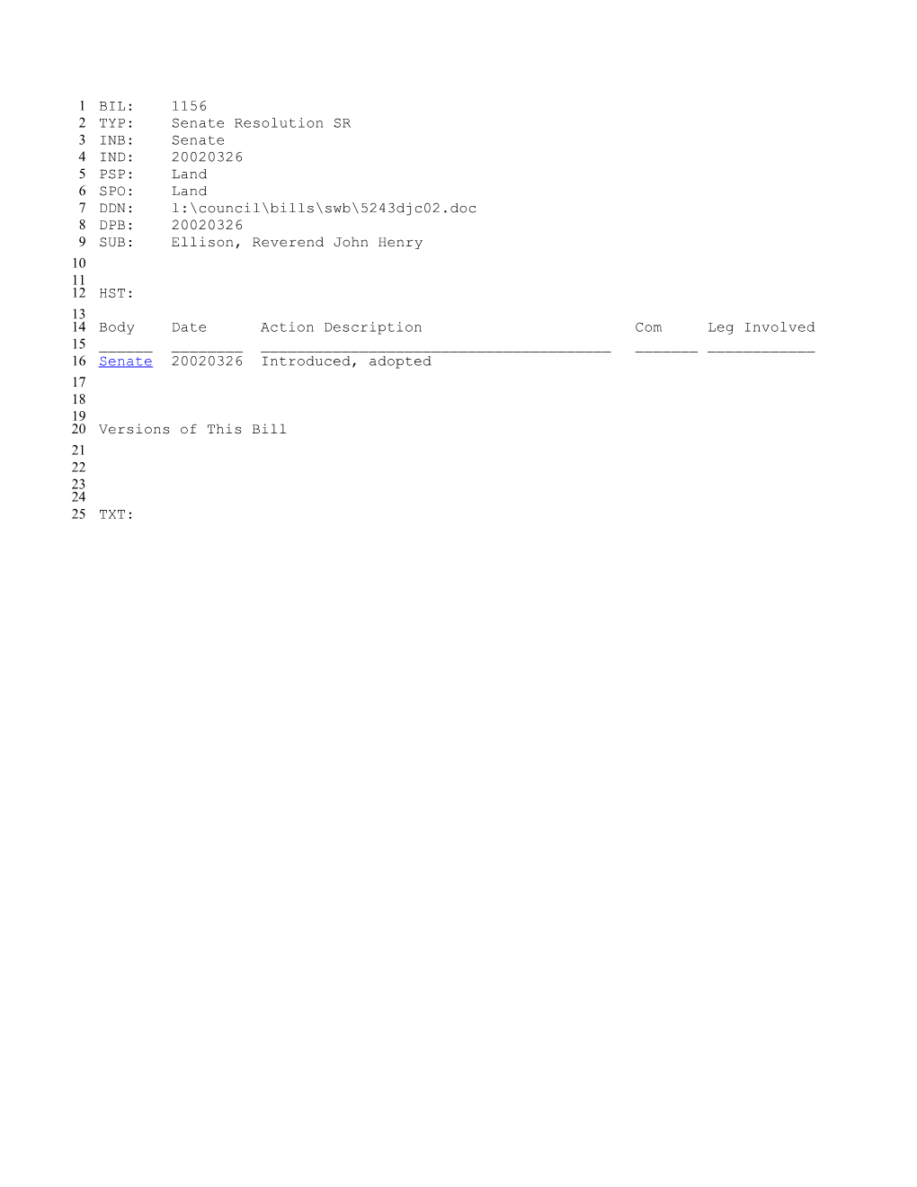 2001-2002 Bill 1156: Ellison, Reverend John Henry - South Carolina Legislature Online